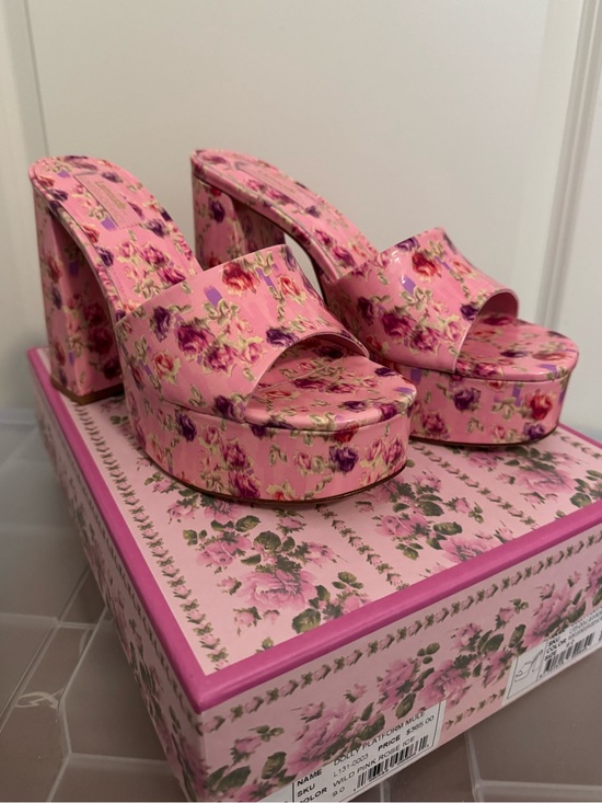 Larroude Shoes - Larroude Pink Floral Platform Slide Heels